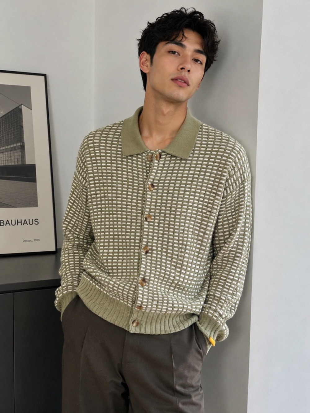 NWT Yellow Label Co. Men's Olive Green Patterned Polo-Style Cardigan Sweater XS